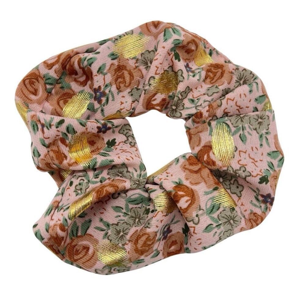 Boho Oversized Floral Mesh Scrunchie – Pink, Green, Gold Foil Cottagecore Vibes